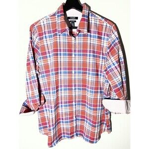 Chaps Womens XL Button Down Shirt Checkered red 100% Cotton 3/4 Sleeve Non Iron
